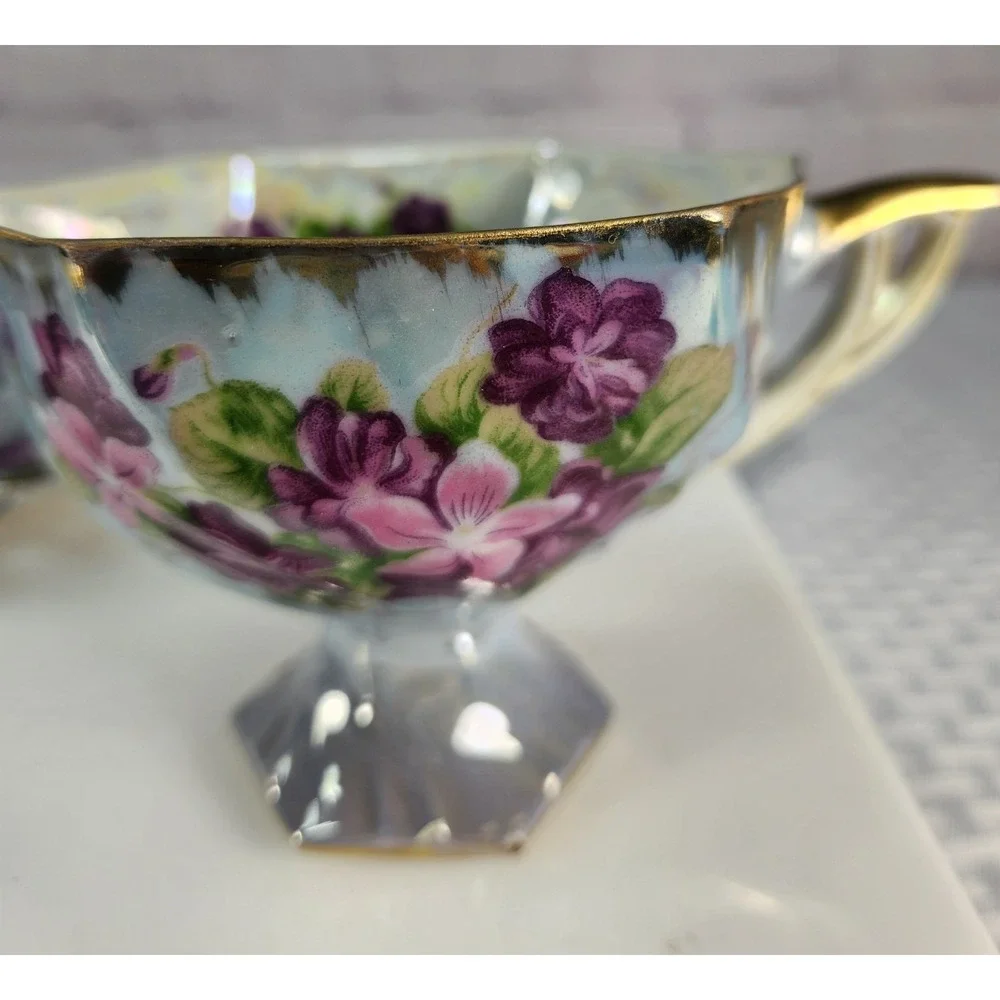 Vintage Royal Sealy China Japan‎ Footed Tea Cup & Saucer Opalesant Pink Purple